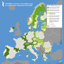 Programmes Interreg : évolution des zones éligibles à la coopération transfrontalière depuis 1990